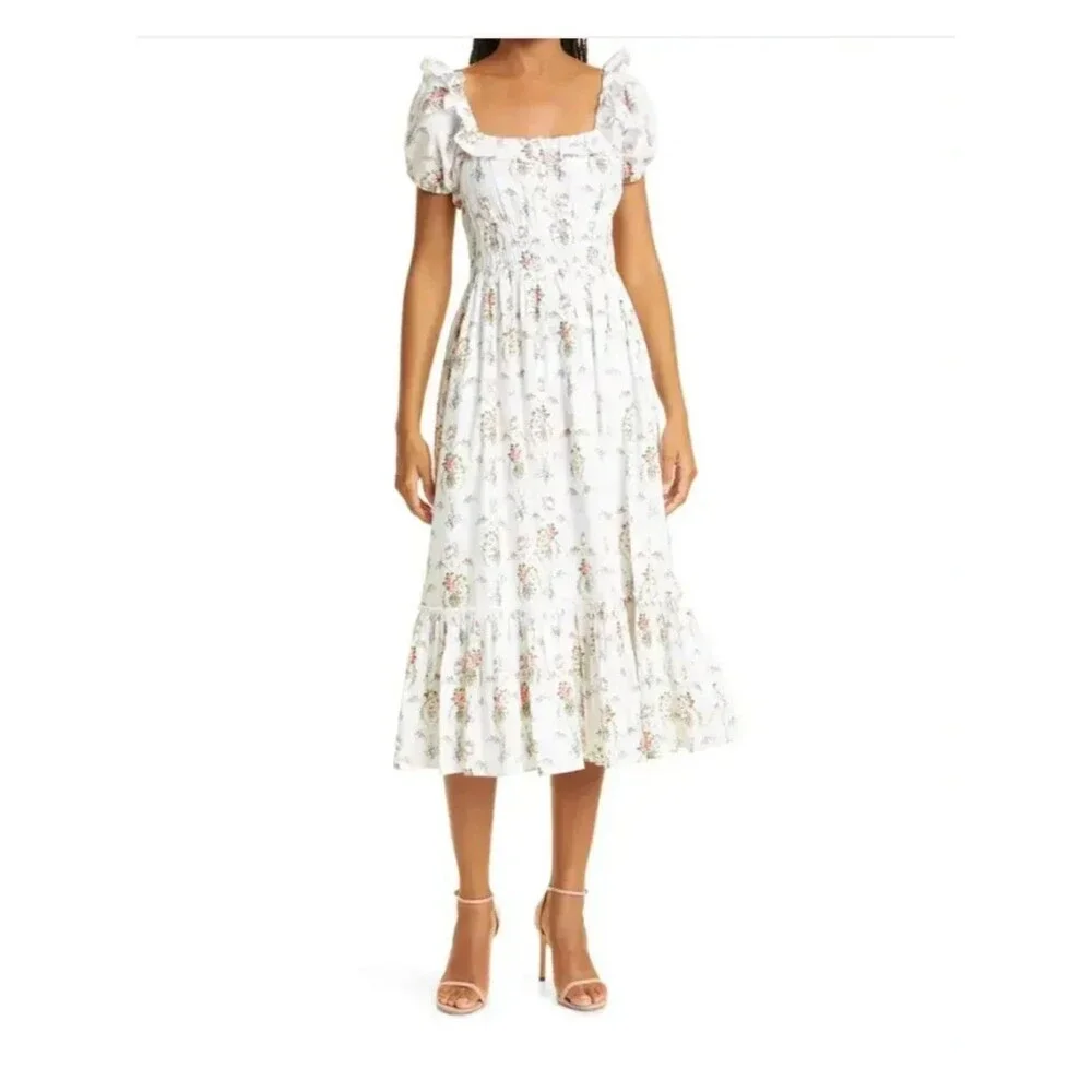 LoveShackFancy Terrence Dress M Vanilla Kisses Floral Smocked Puff Sleeve Maxi - Picture 4 of 16